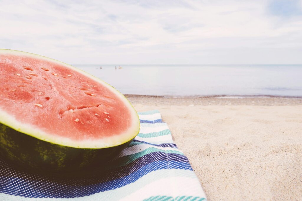 chunk of watermelon on blanket