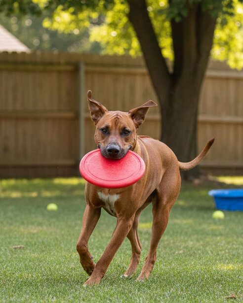 rhodesian ridgeback playing with frisbee