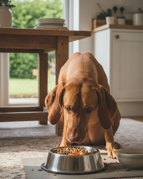 hungarian vizsla eating from a stainless steel bowl
