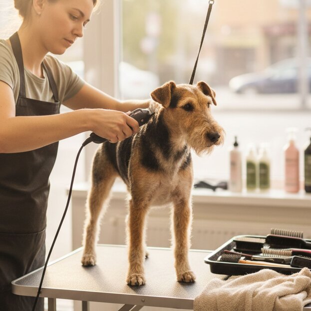 fox terrier being groomed