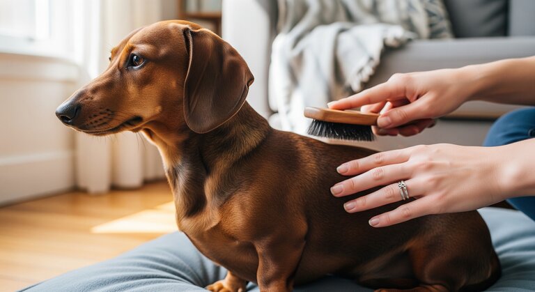 dachshund being brushed