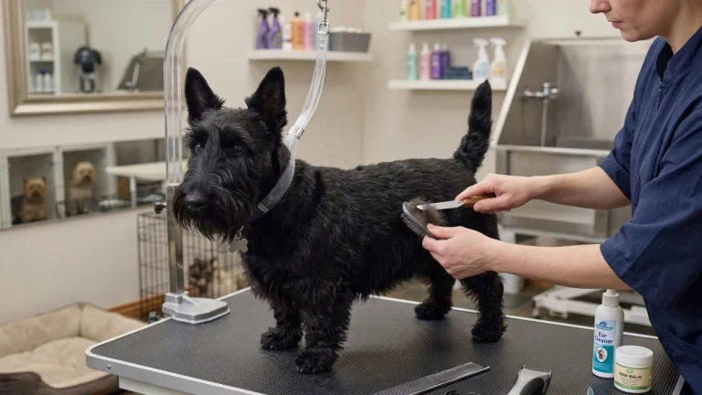 scottish terrier being professionally groomed