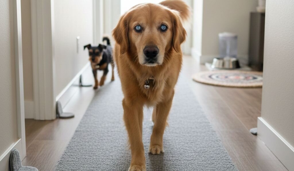 blind dog walking down hallway