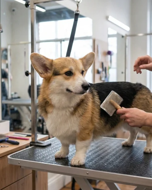 corgi being professionally groomed