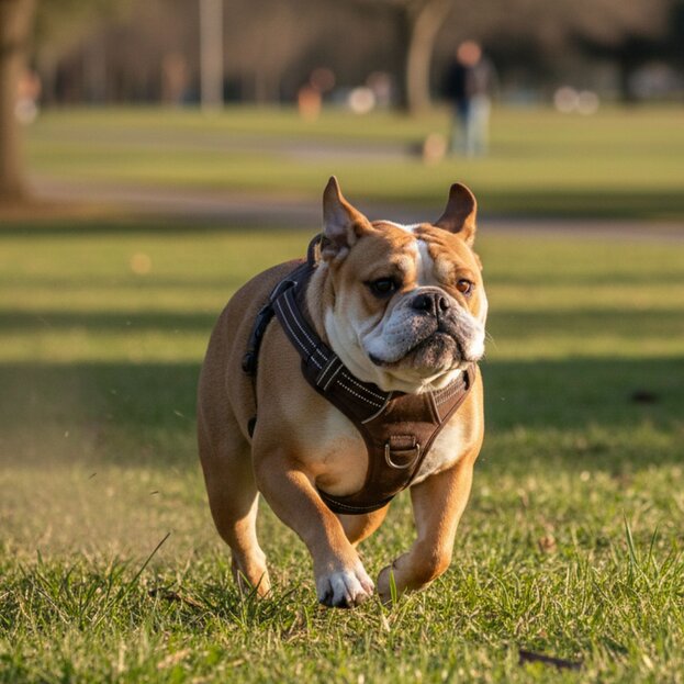 British bulldog wearing harness running along grass