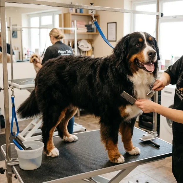 Bernese Mountain Dog being groomed