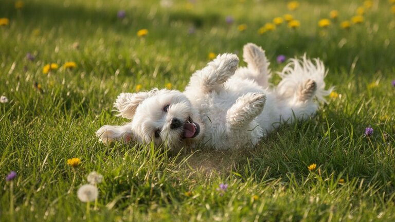 havanese rolling on grass