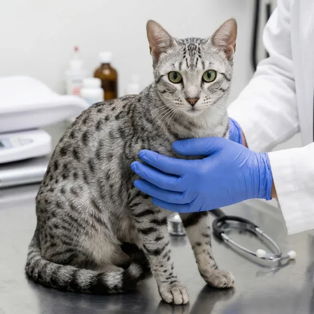 egyptian mau being examined by vet