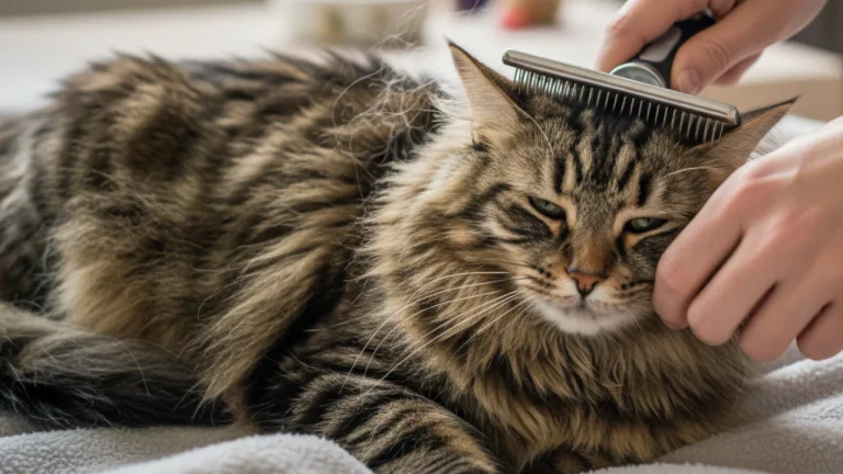 tabby domestic longhair cat being groomed
