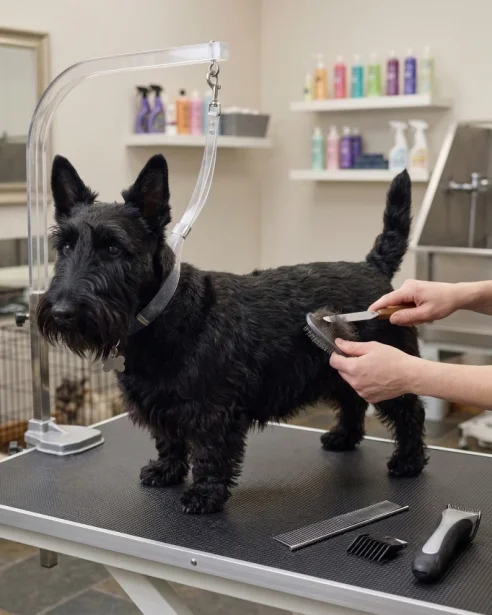scottish terrier being professionally groomed