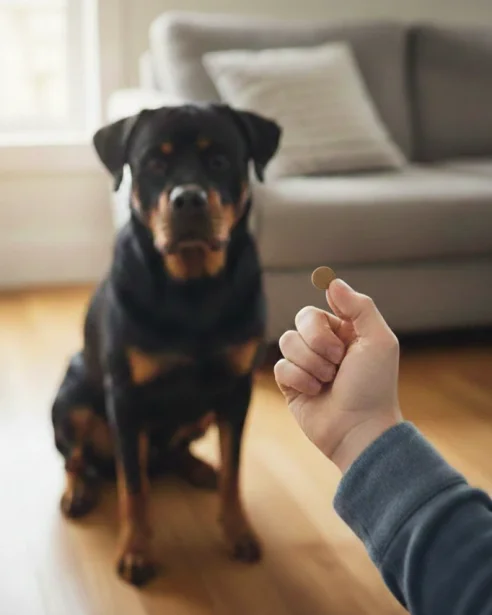 owner preparing to give rottweiler a tablet