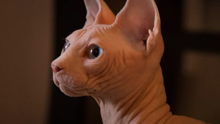 close up of cream sphynx cat