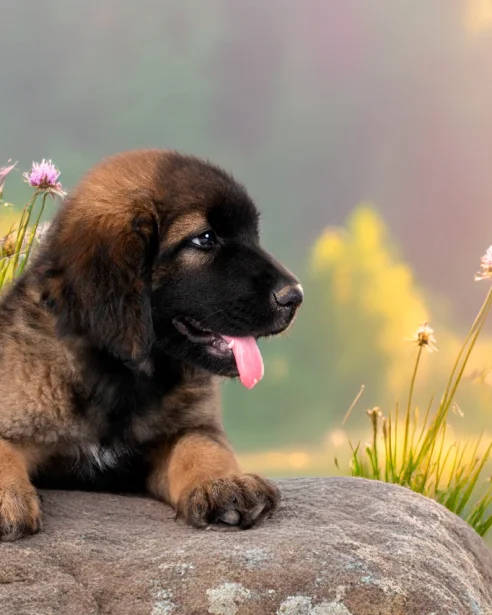 A leonberger puppy with their tongue out looking to the distance with paws on a rock and purple flowers behind them