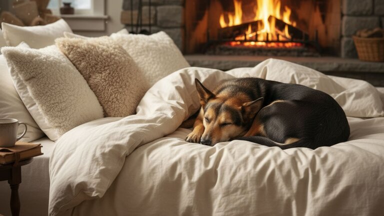 kelpie asleep on bed by fire