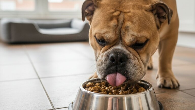 British bulldog eating from bowl