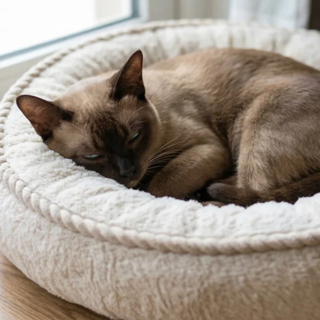 tonkinese cat sleeping on cat bed
