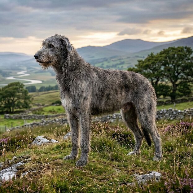wolfhound standing on hill above valley