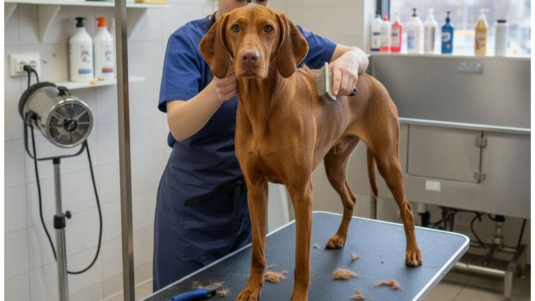 hungarian vizsla being professionally groomed