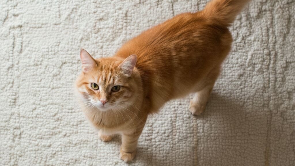 ginger cat looking up at camera