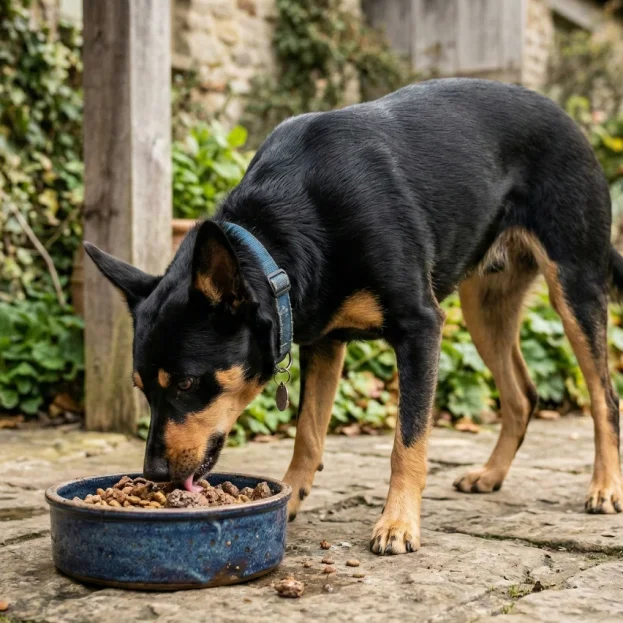 kelpie eating from bowl outdoors