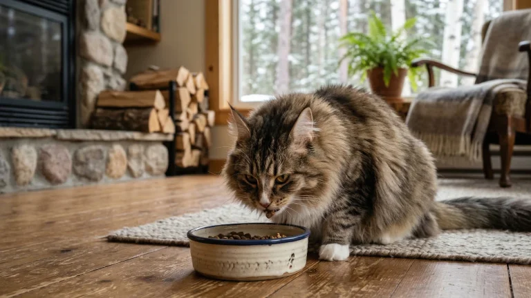 norwegian forest cat eating from bowl