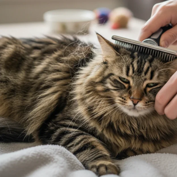 tabby domestic longhair cat being groomed