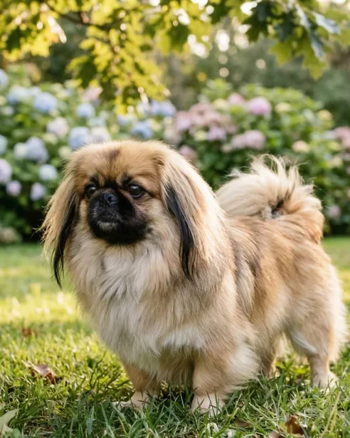 A full-body photograph of the Pekingese standing on a grassy lawn in a lush garden setting during golden hour, flanked by blooming hydrangeas and a rustic wooden fence.