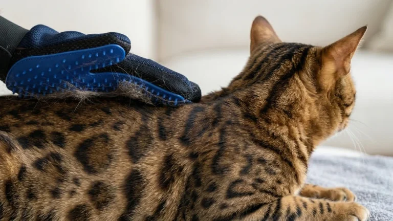 bengal cat being groomed with grooming glove