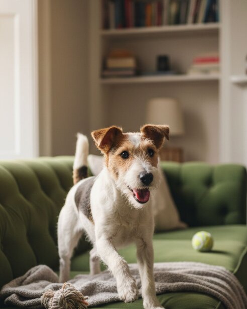 fox terrier standing on sofa