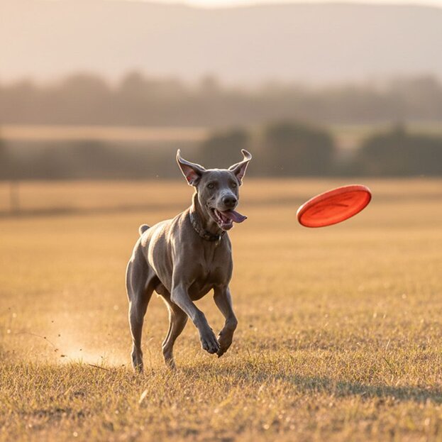 weimaraner playing outdoors with frisbee