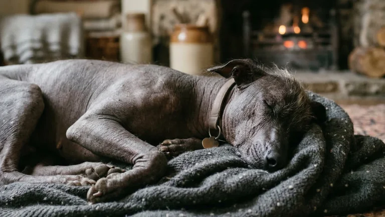 Xoloitzcuintli sleeping in front of fire