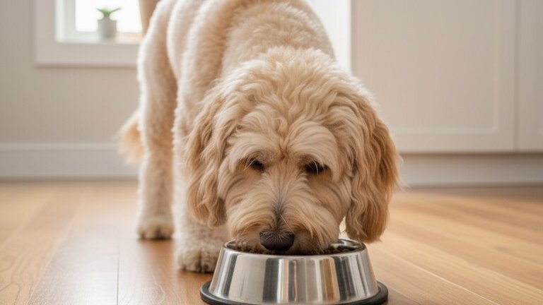 spoodle eating from stainless steel bowl