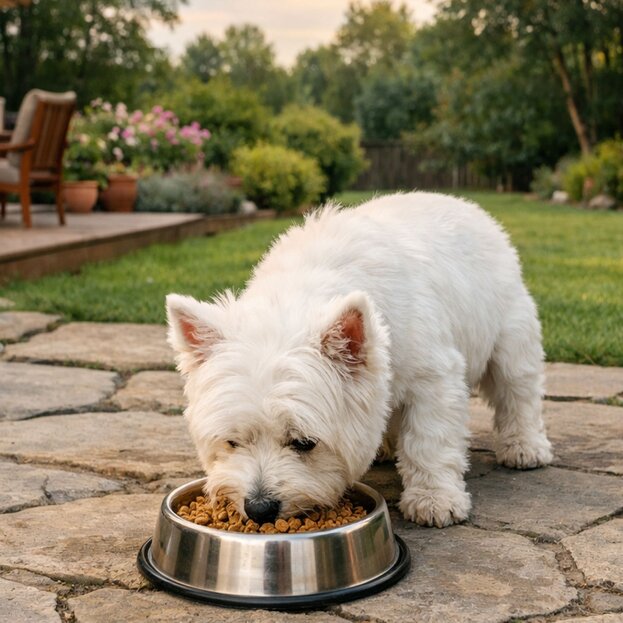 westie eating from bowl outdoors