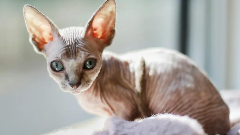 sphynx kitten sitting in sun by window