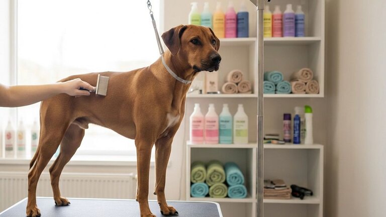 rhodesian ridgeback being groomed