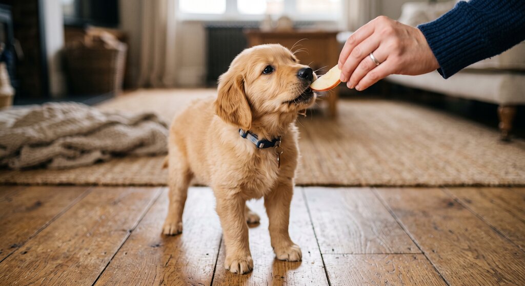 puppy being offered thin slice of apple