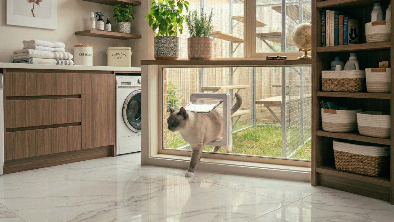 siamese cat coming inside through a cat door
