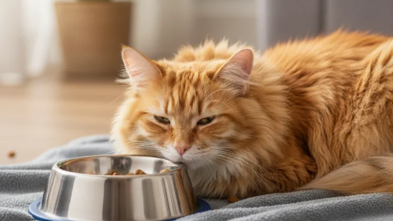 ginger long haired cat lying next to food bowl