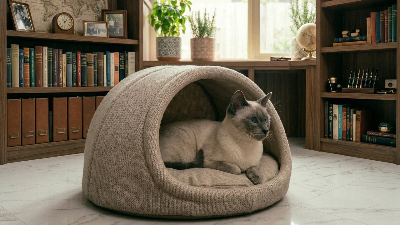 oriental cat in a hideaway bed