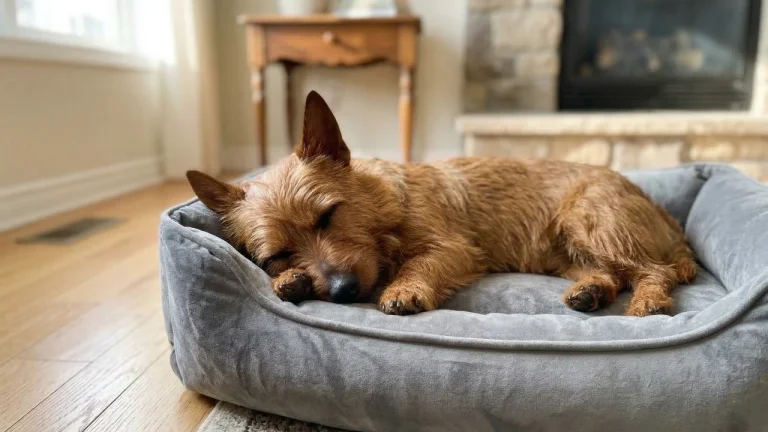 Aussie terrier sleeping on a dog bed indoors