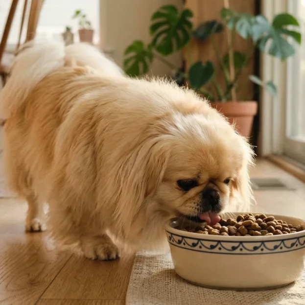A low-angle close-up photograph of the light-gold Pekingese standing and eating kibble from a patterned ceramic bowl placed on a small textured placemat. Sunlight streams in from a sliding glass door.