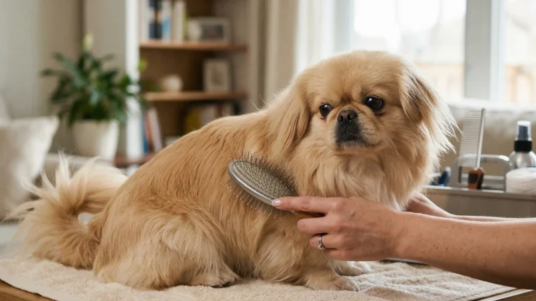 A close-up photograph focusing on a person’s hands gently grooming the Pekingese with a slicker brush. The dog is sitting patiently on a towel spread across a wooden table.