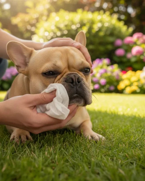 french bulldog having face wiped with pet wipe