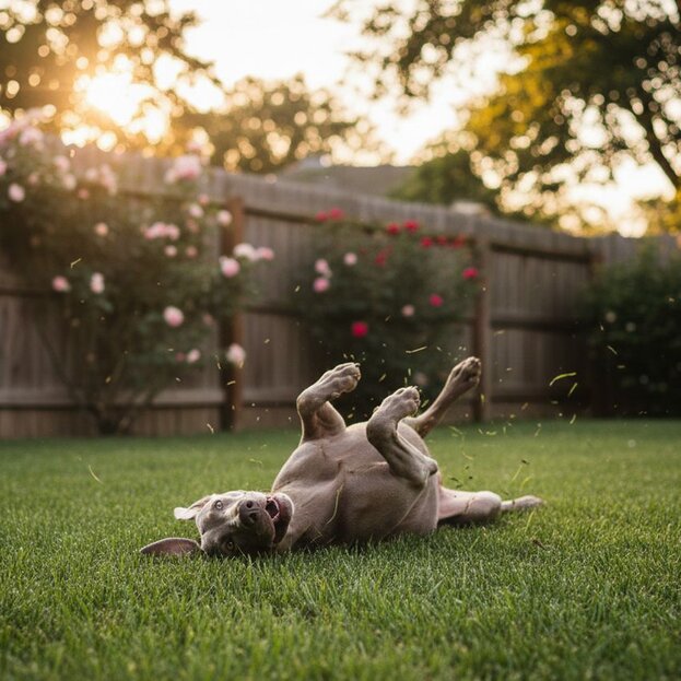weimaraner rolling on grass outdoors