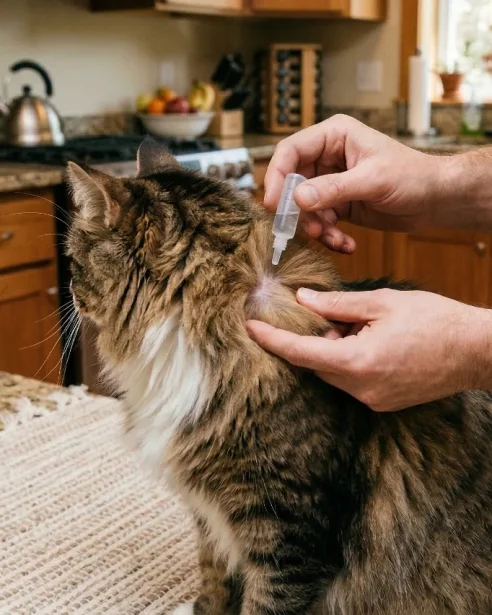 norwegian forest cat having parasite prevention applied