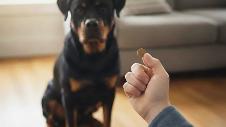 owner preparing to give rottweiler a tablet