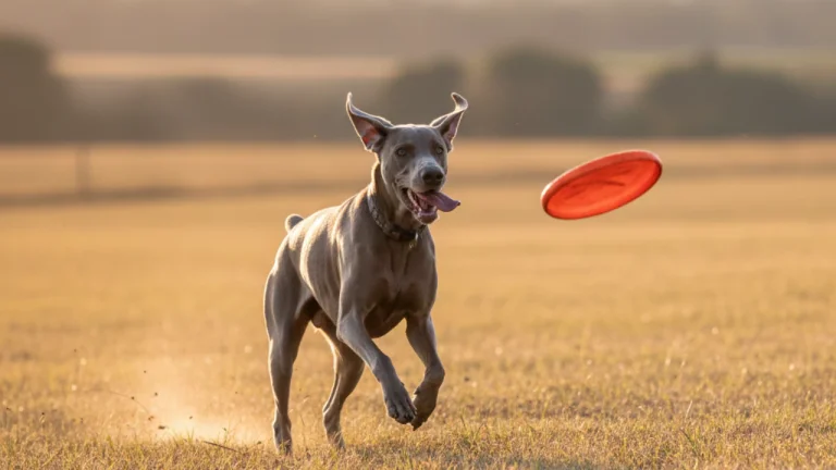 weimaraner playing outdoors with frisbee