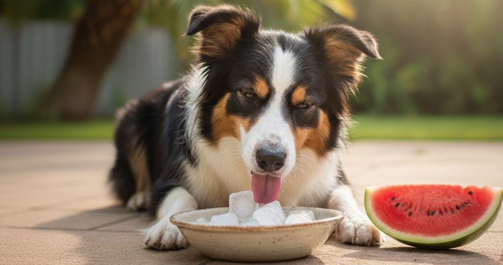 border collie licking ice cubes
