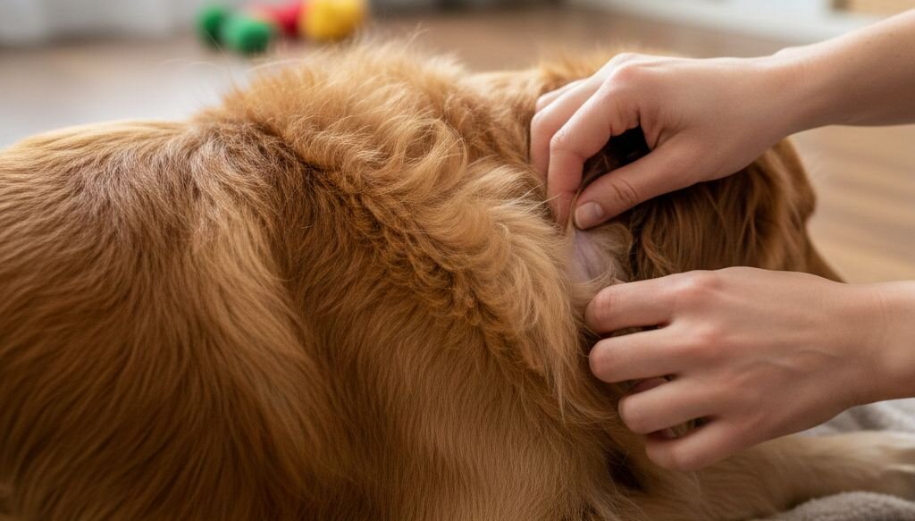 human hands examining dog skin