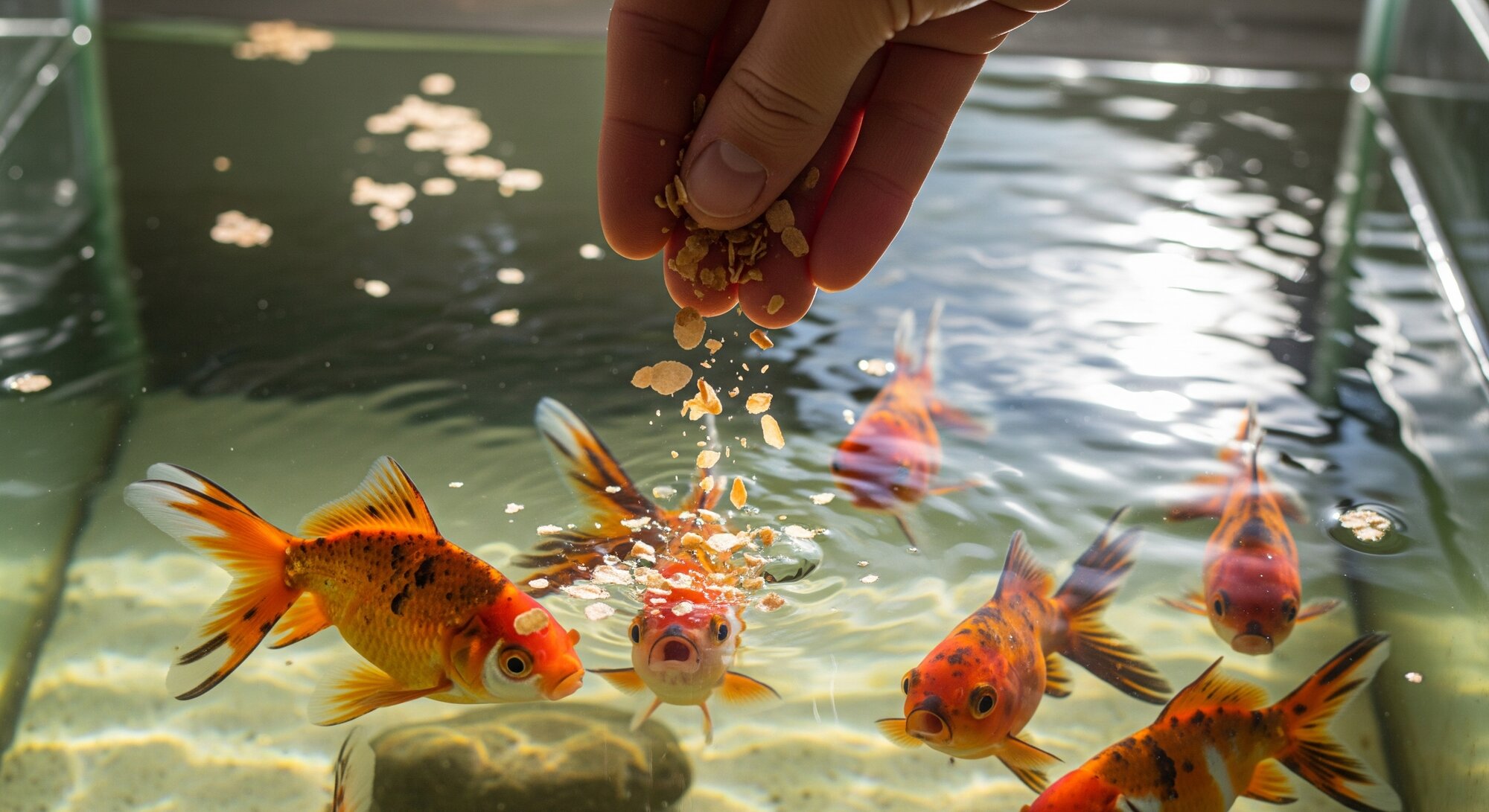 goldfish being fed flakes